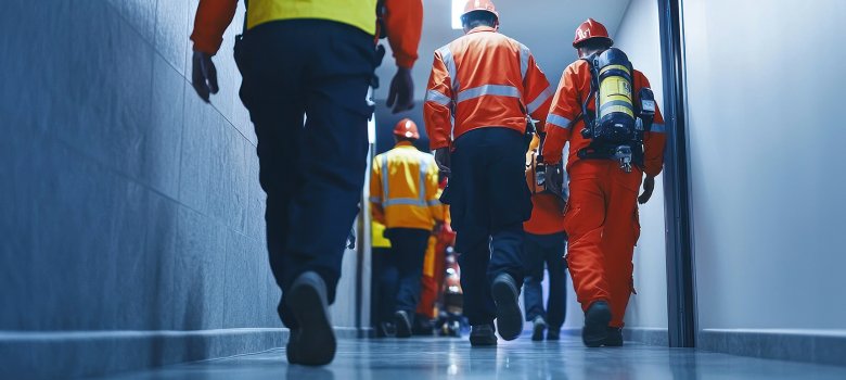 A scene of people using emergency exits during a drill, practici