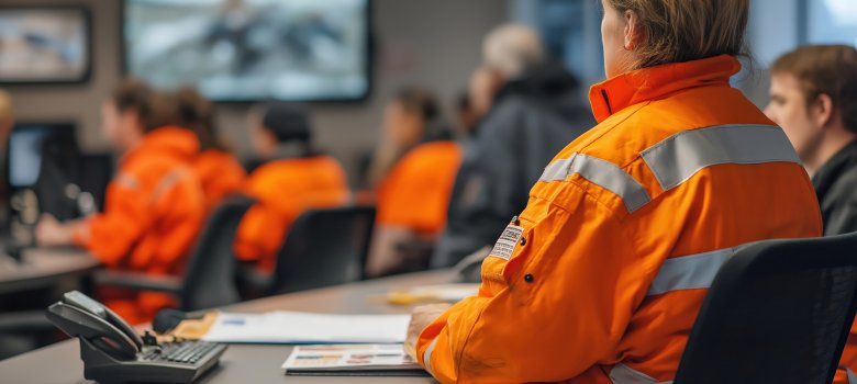 Workers participating in emergency operations briefing at a crisis management center