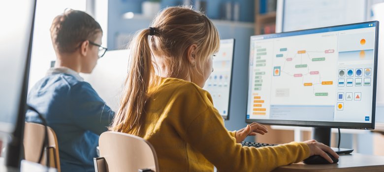 Elementary School Computer Science Classroom: Cute Little Girl U