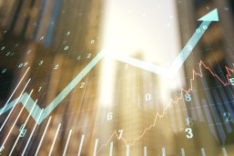 Multi exposure of virtual abstract financial graph and upward arrow on modern architecture background, financial and trading concept Multi exposure of virtual abstract financial graph and upward arrow on modern architecture background, financial and trading concept