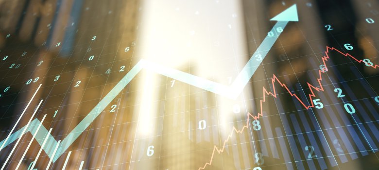 Multi exposure of virtual abstract financial graph and upward arrow on modern architecture background, financial and trading concept