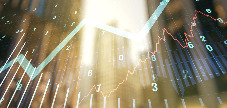 Multi exposure of virtual abstract financial graph and upward arrow on modern architecture background, financial and trading concept