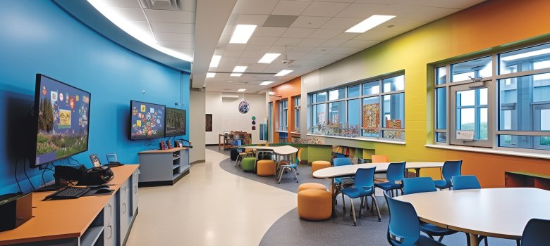 Modernes Klassenzimmer mit Stühlen und Schreibtischen