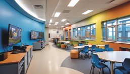 Modernes Klassenzimmer mit Stühlen und Schreibtischen Modernes Klassenzimmer mit Stühlen und Schreibtischen